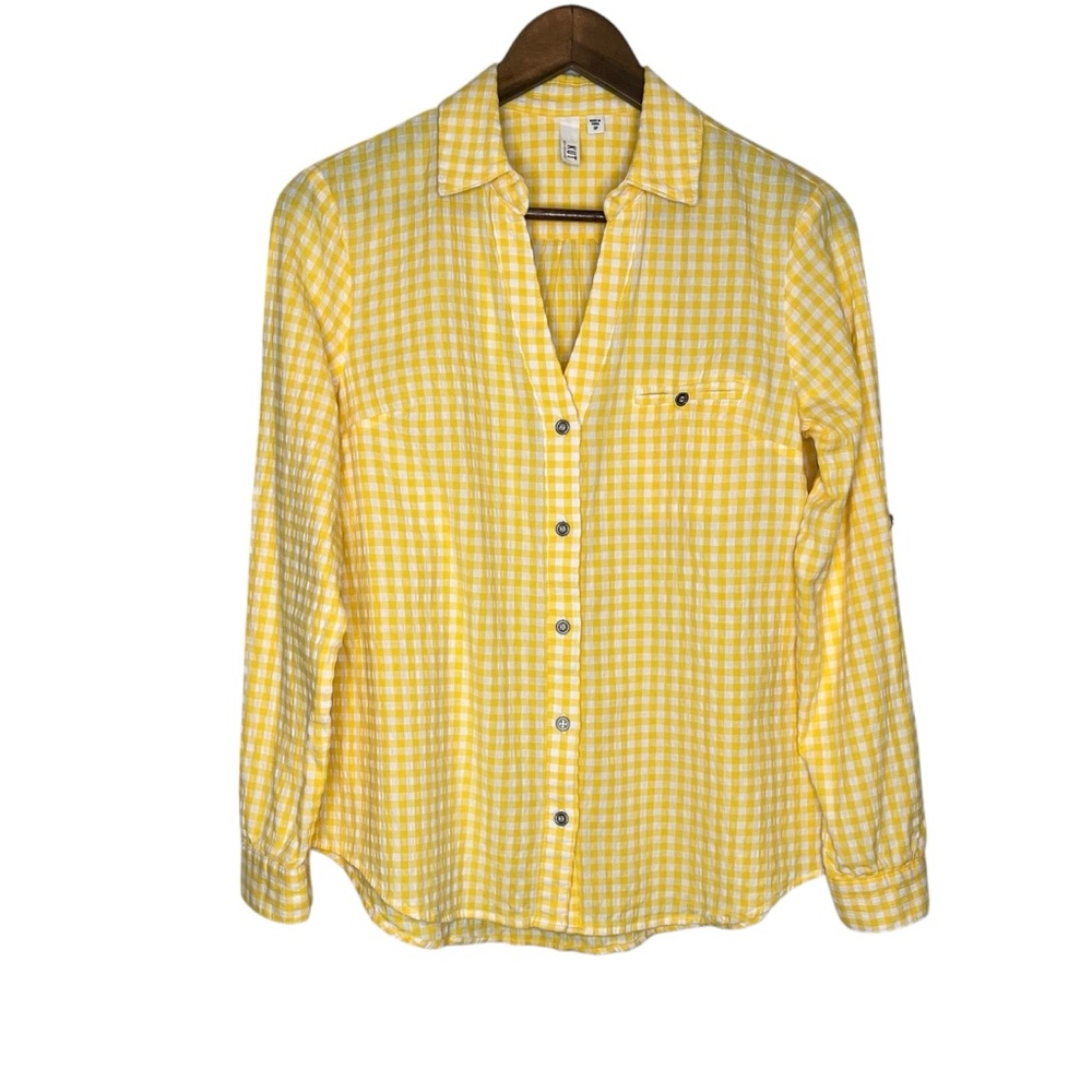 Kut from the Kloth Women's Yellow/White Gingham Button Down Roll Up Sleeves SP